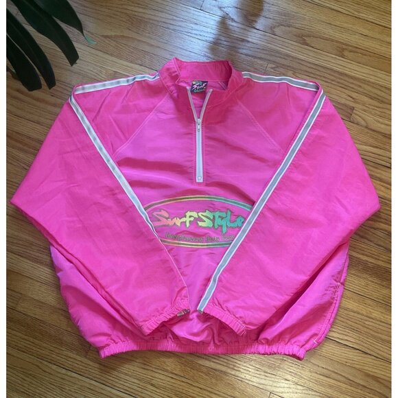 Vintage 90s XL Surf Style Unisex Neon Pink Pullover Windbreaker Jacket USA - Picture 9 of 11